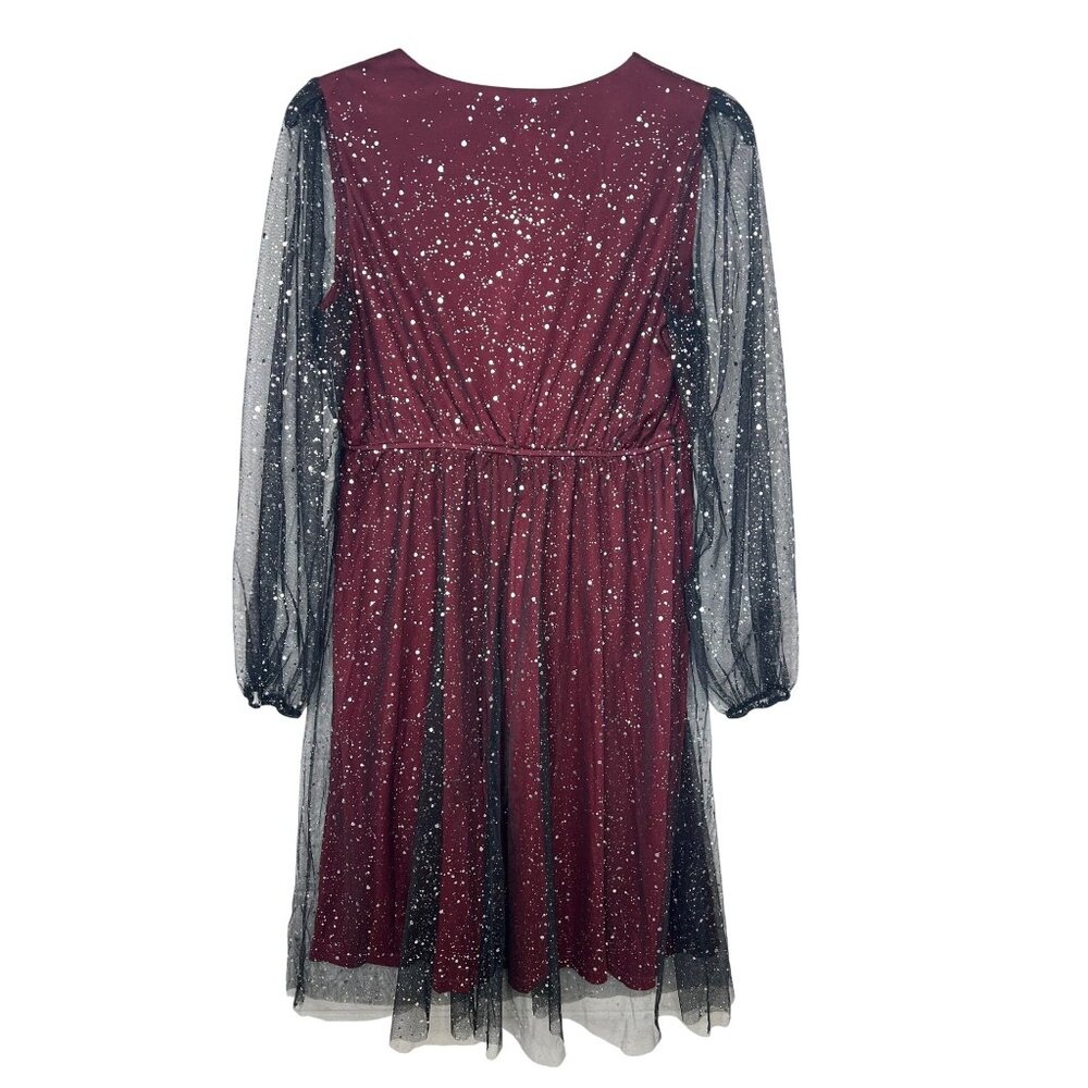 JJs House Burgundy A-Line Dress XL Womens Sparkly Party Gown With Sheer Sleeves - Picture 4 of 16